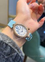 High Quality Replica BREGUET Reine De Naples Light Blue Leather Strap White Face Dial Different Colors Diamond Inlaid Case Watch